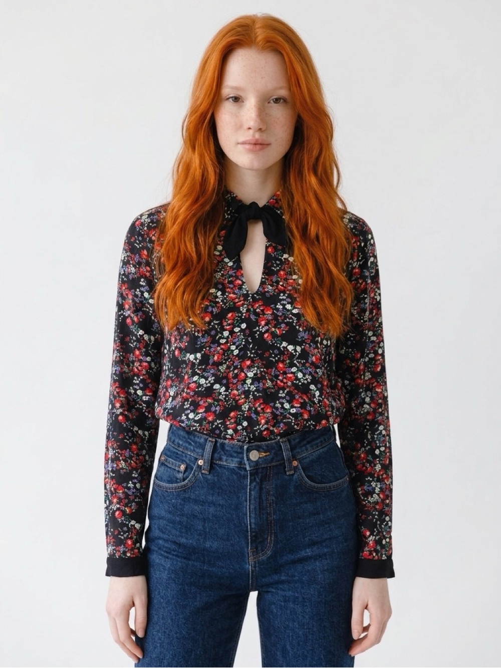 Zara Black Floral Tie-Neck Long Sleeve Blouse